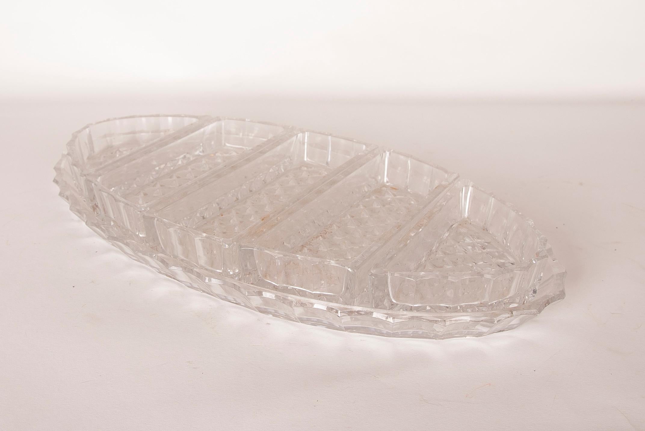 European Carved Glass Tray with Individual Containers on the Tray For Sale