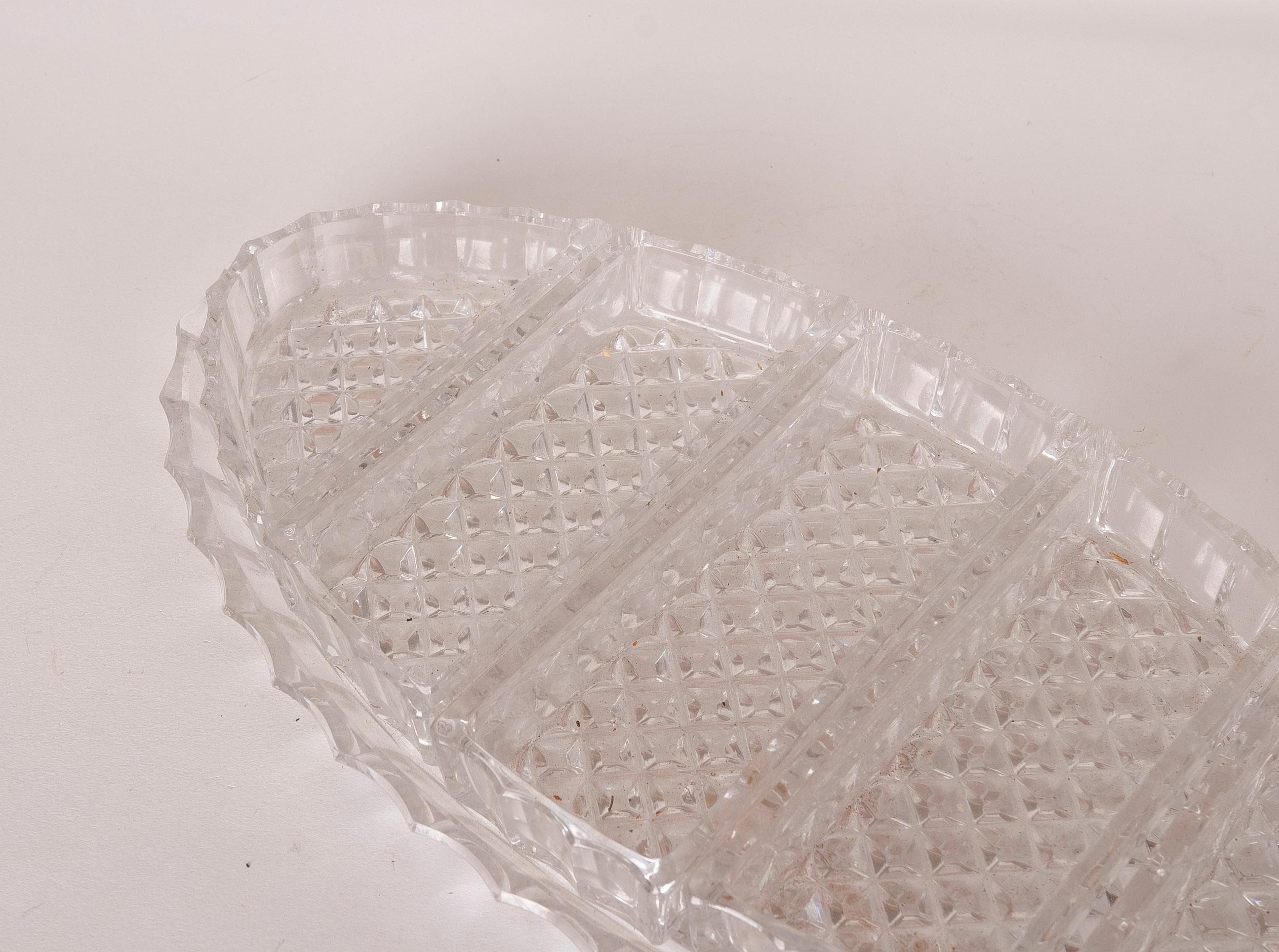 20th Century Carved Glass Tray with Individual Containers on the Tray For Sale