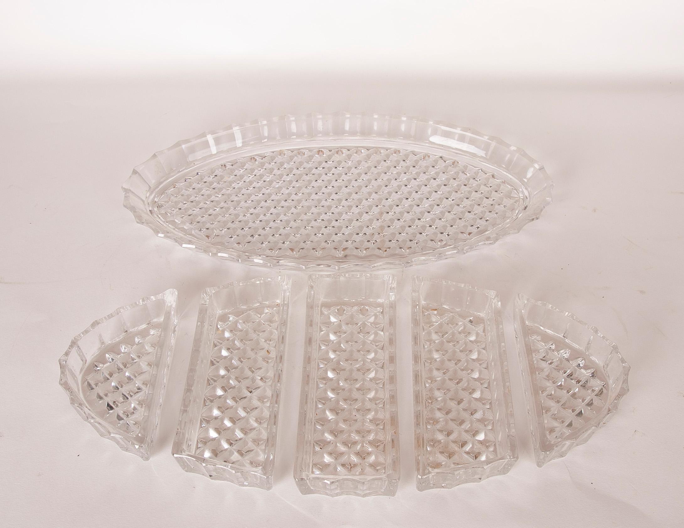 Carved Glass Tray with Individual Containers on the Tray For Sale 4