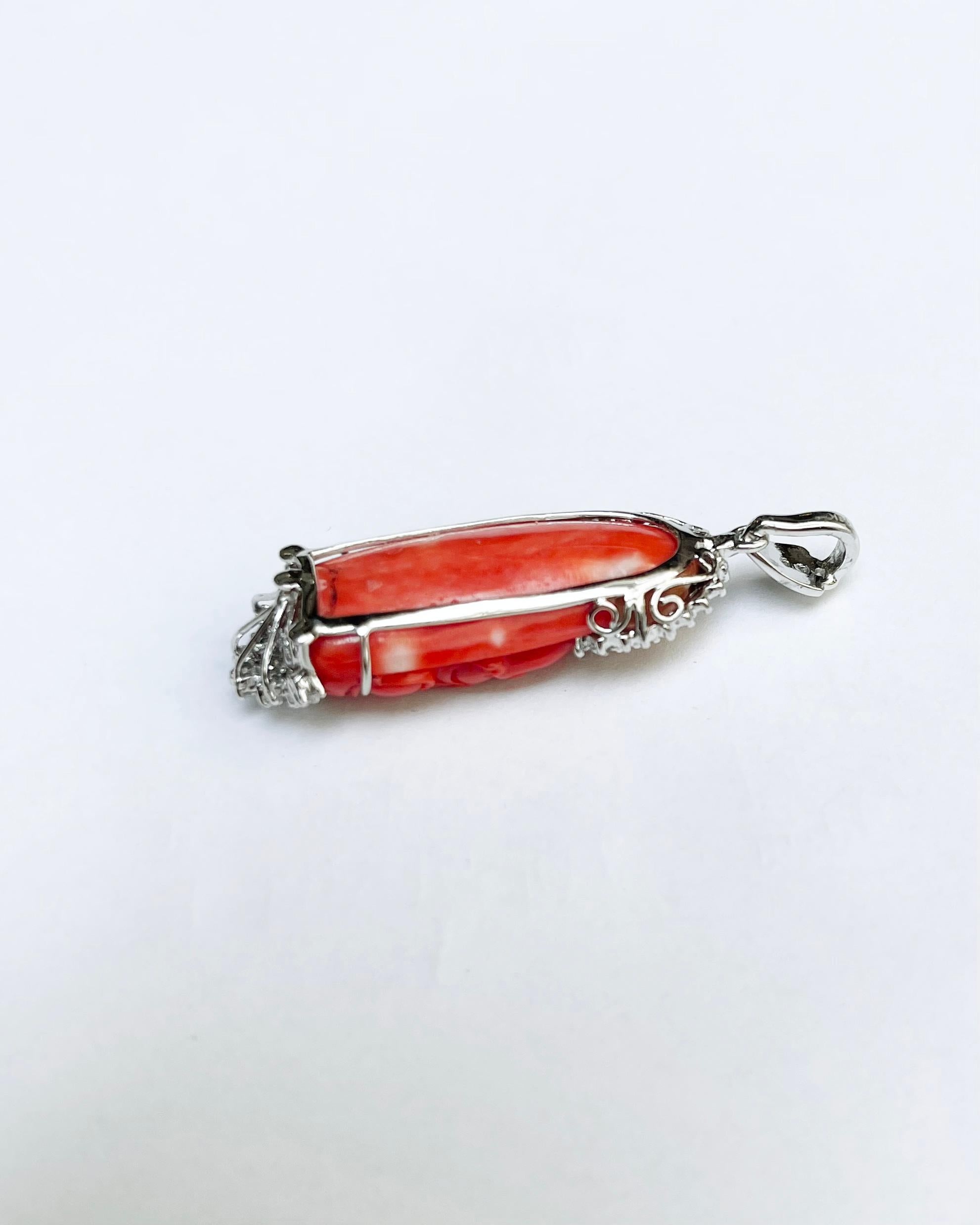 Carved Goddess of Mercy Coral with Diamond Pendant set in 18K White Gold For Sale 4
