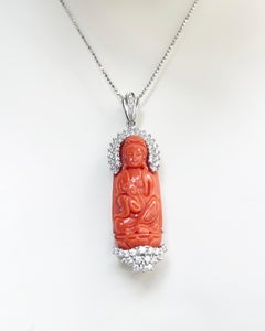 Carved Goddess of Mercy Coral with Diamond Pendant set in 18K White Gold