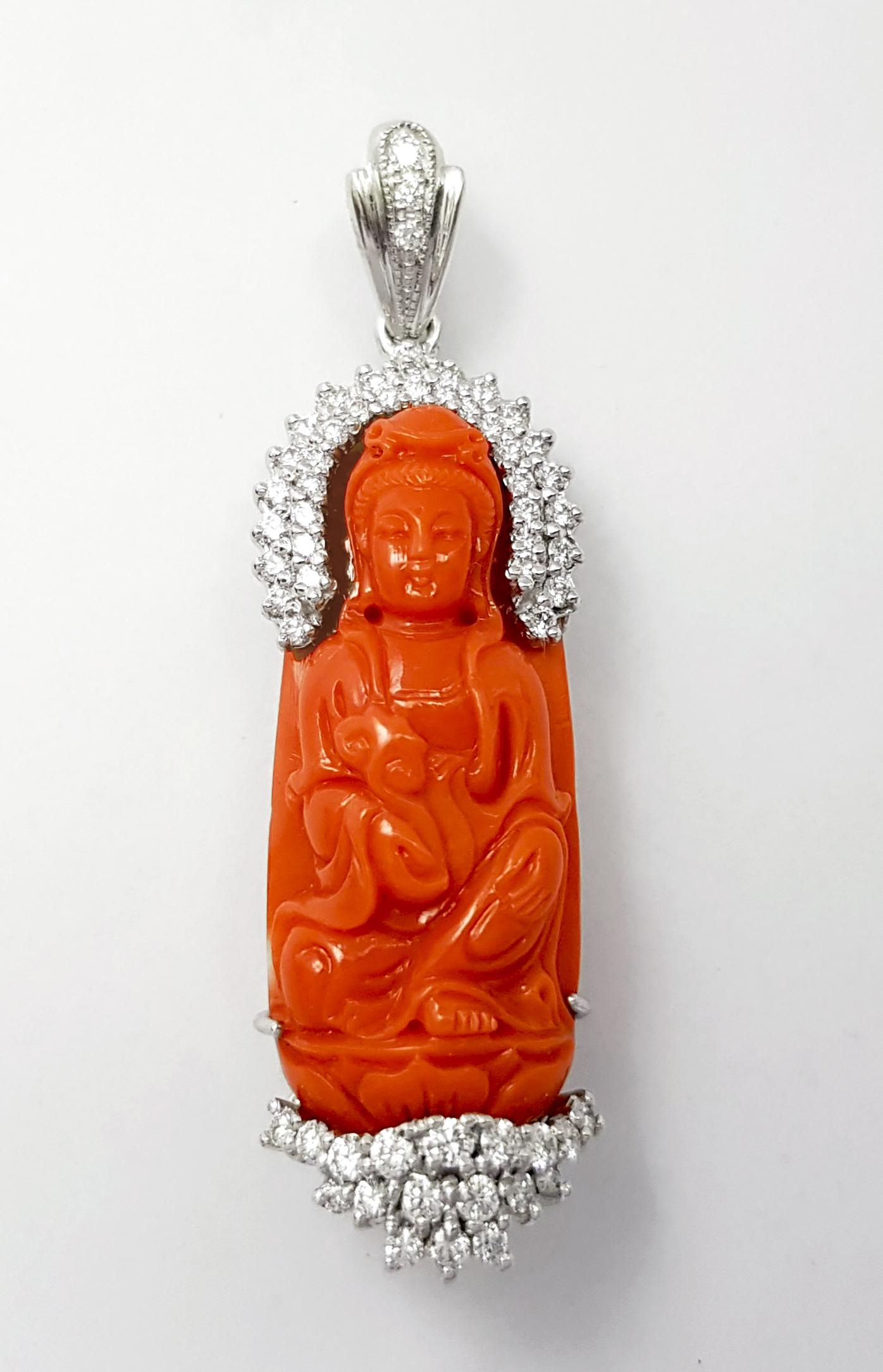 Contemporary Carved Goddess of Mercy Coral with Diamond Pendant set in 18K White Gold For Sale