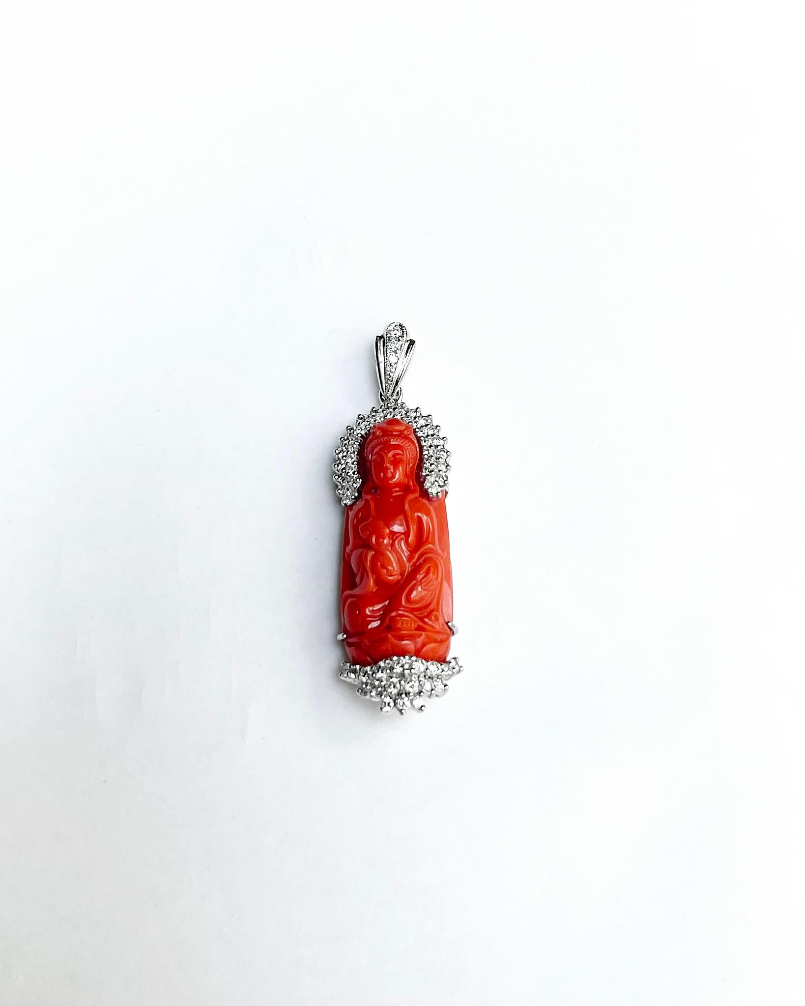 Mixed Cut Carved Goddess of Mercy Coral with Diamond Pendant set in 18K White Gold For Sale