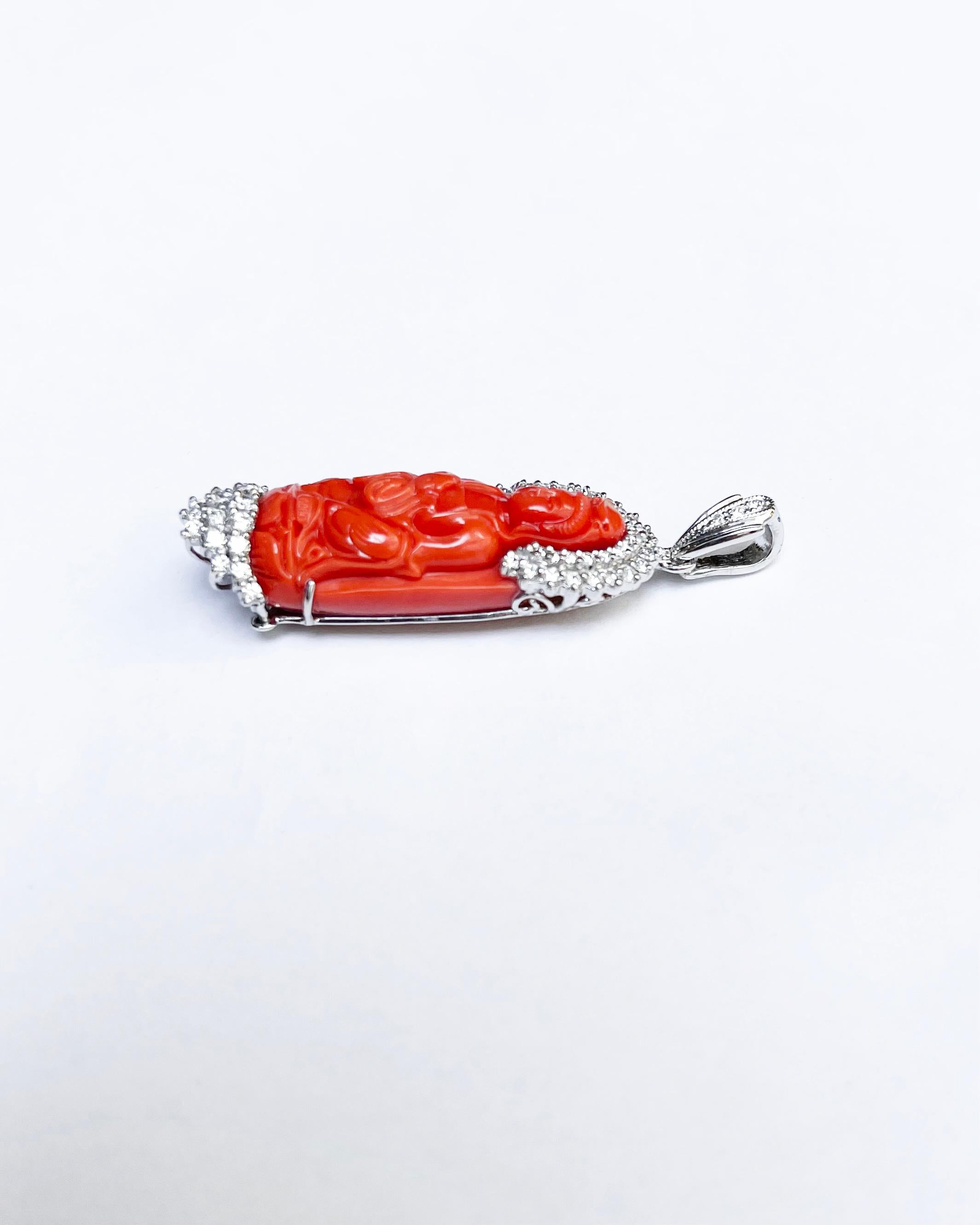 Carved Goddess of Mercy Coral with Diamond Pendant set in 18K White Gold In New Condition For Sale In Bangkok, TH