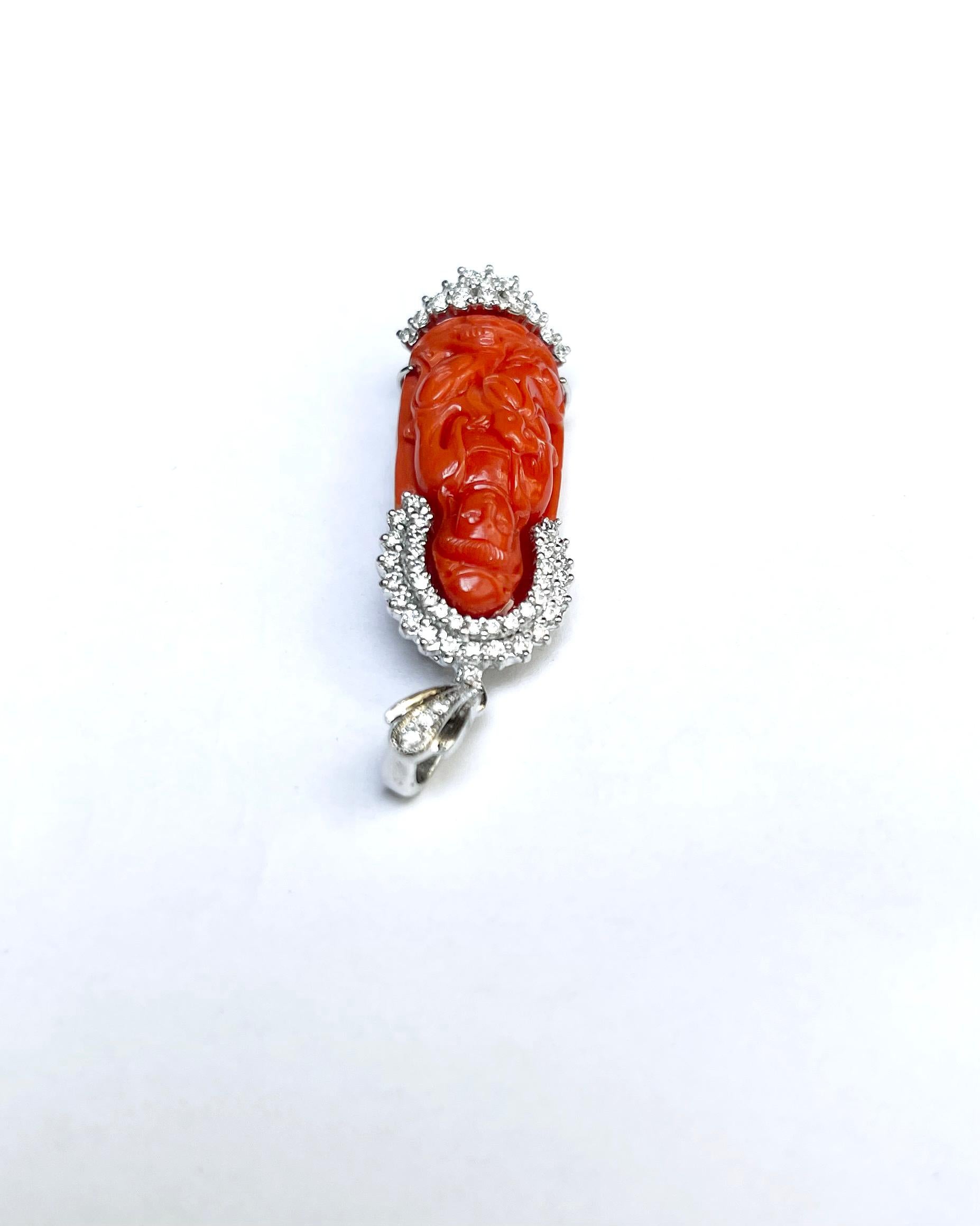 Women's or Men's Carved Goddess of Mercy Coral with Diamond Pendant set in 18K White Gold For Sale