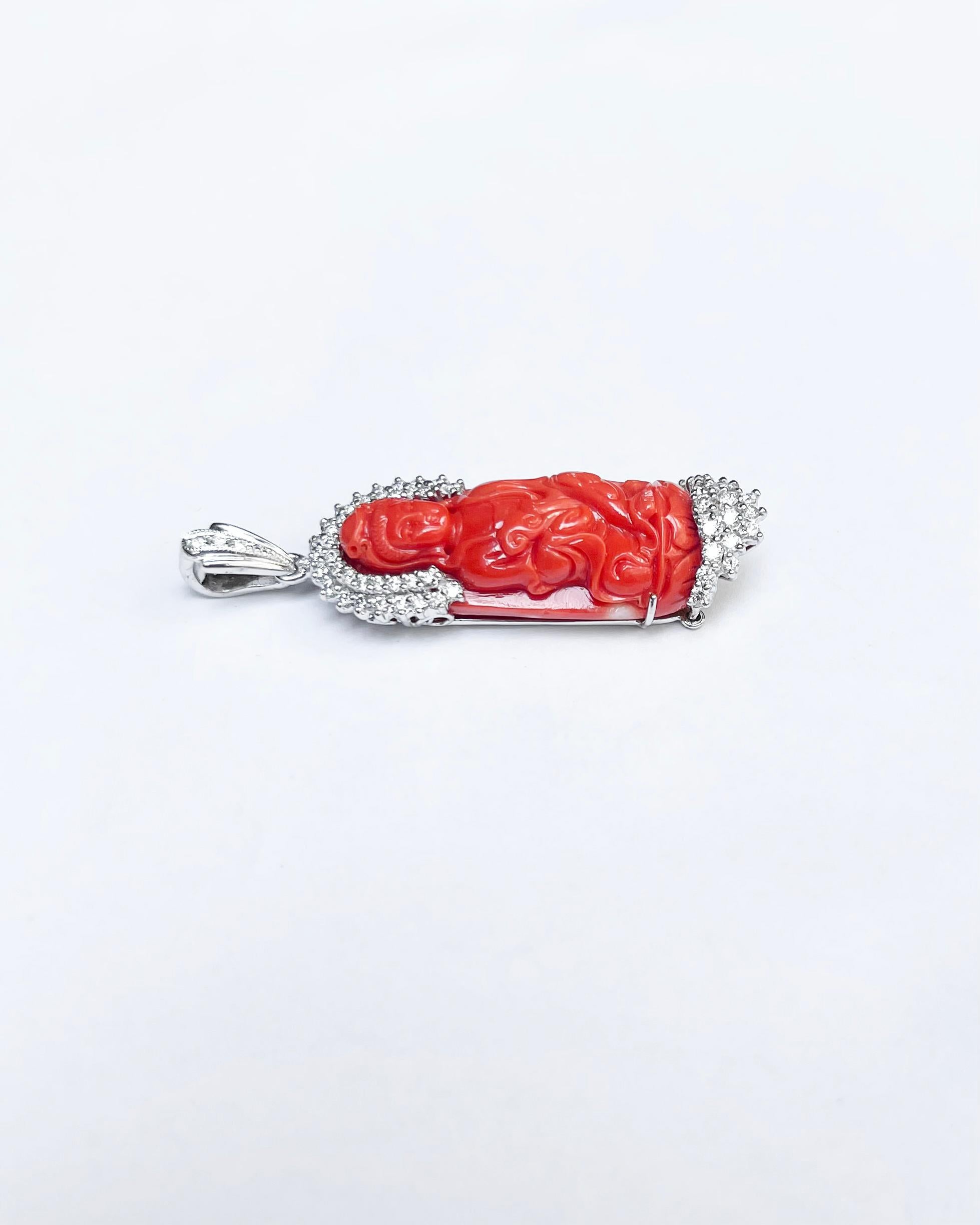 Carved Goddess of Mercy Coral with Diamond Pendant set in 18K White Gold For Sale 1