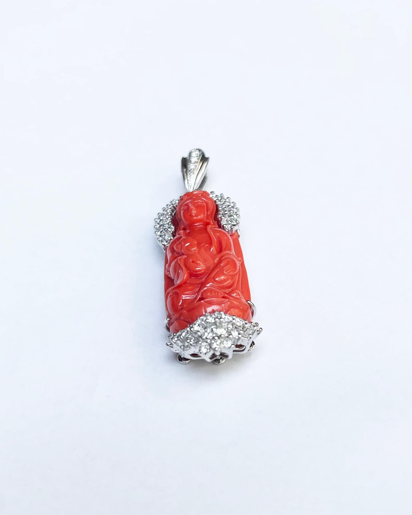 Carved Goddess of Mercy Coral with Diamond Pendant set in 18K White Gold For Sale 2