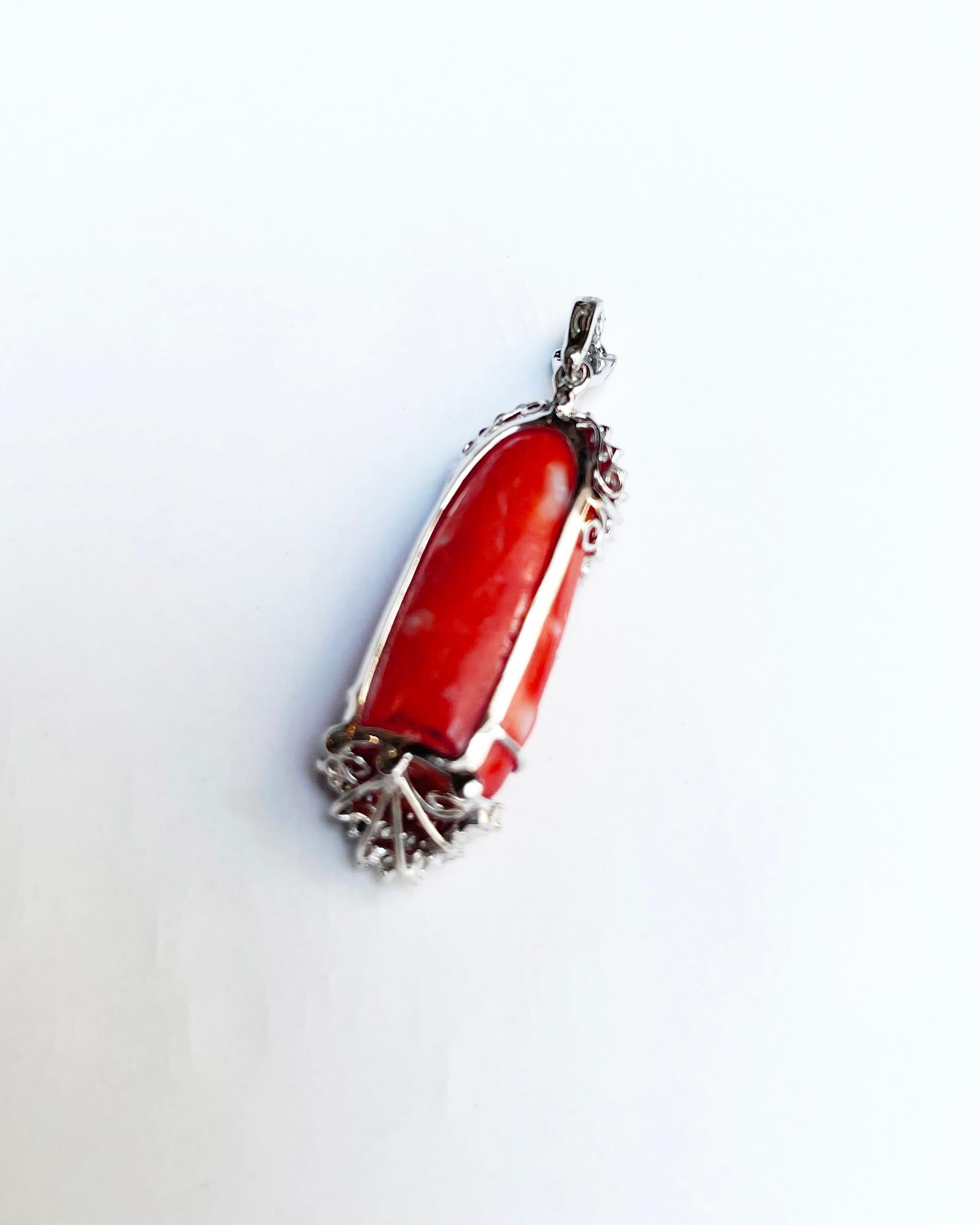 Carved Goddess of Mercy Coral with Diamond Pendant set in 18K White Gold For Sale 3