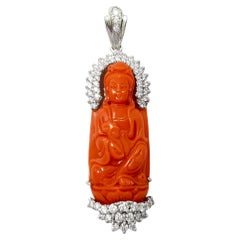 Carved Goddess of Mercy Coral with Diamond Pendant set in 18K White Gold