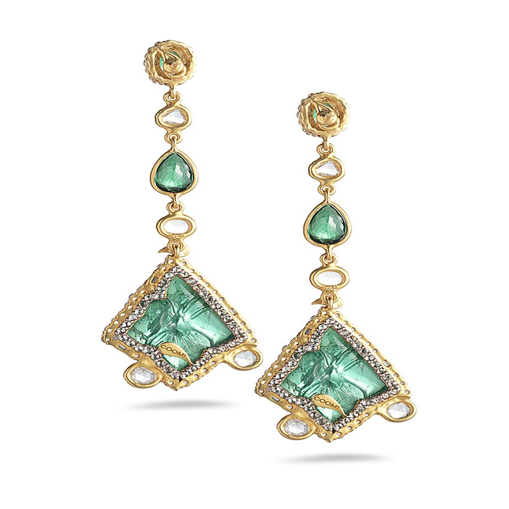 Gold Affinity Earrings Set in 20 Karat Yellow Gold with Carved Lapis Lazuli, 2.60 Carat Tsavorite, and 2.67 Carat Rose-Cut Diamonds. This One-Of-A-Kind Drop Earring Design Features Diamonds In Between Each Drop As Well.  .