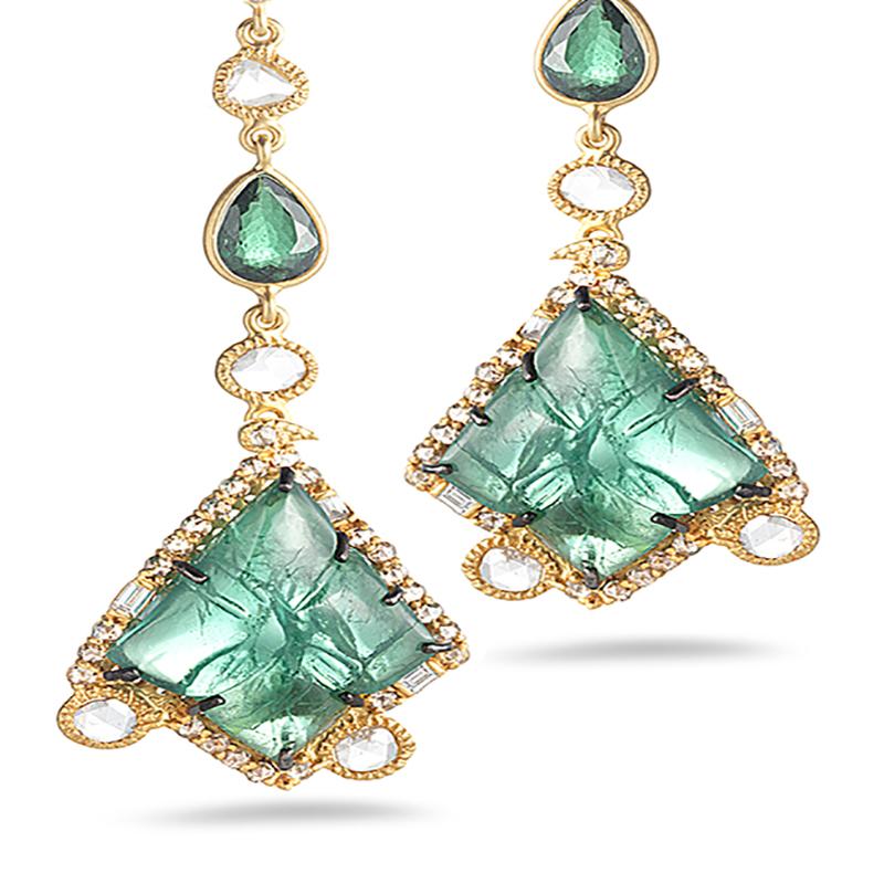 Contemporary Carved Gold Earrings Set with Lapis Lazuli, Tsavorite, and Diamonds For Sale