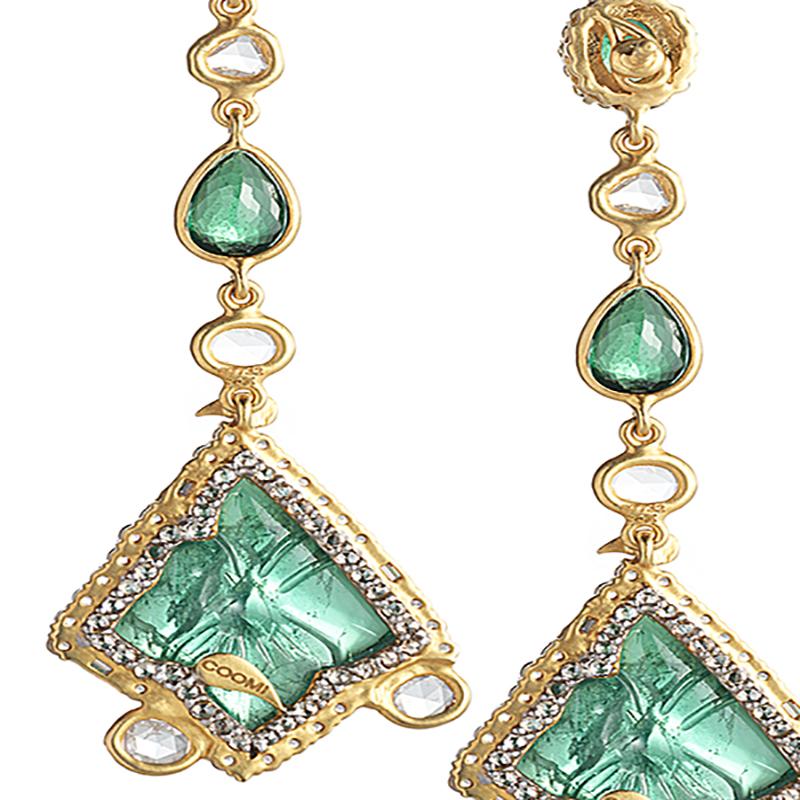 Rose Cut Carved Gold Earrings Set with Lapis Lazuli, Tsavorite, and Diamonds For Sale