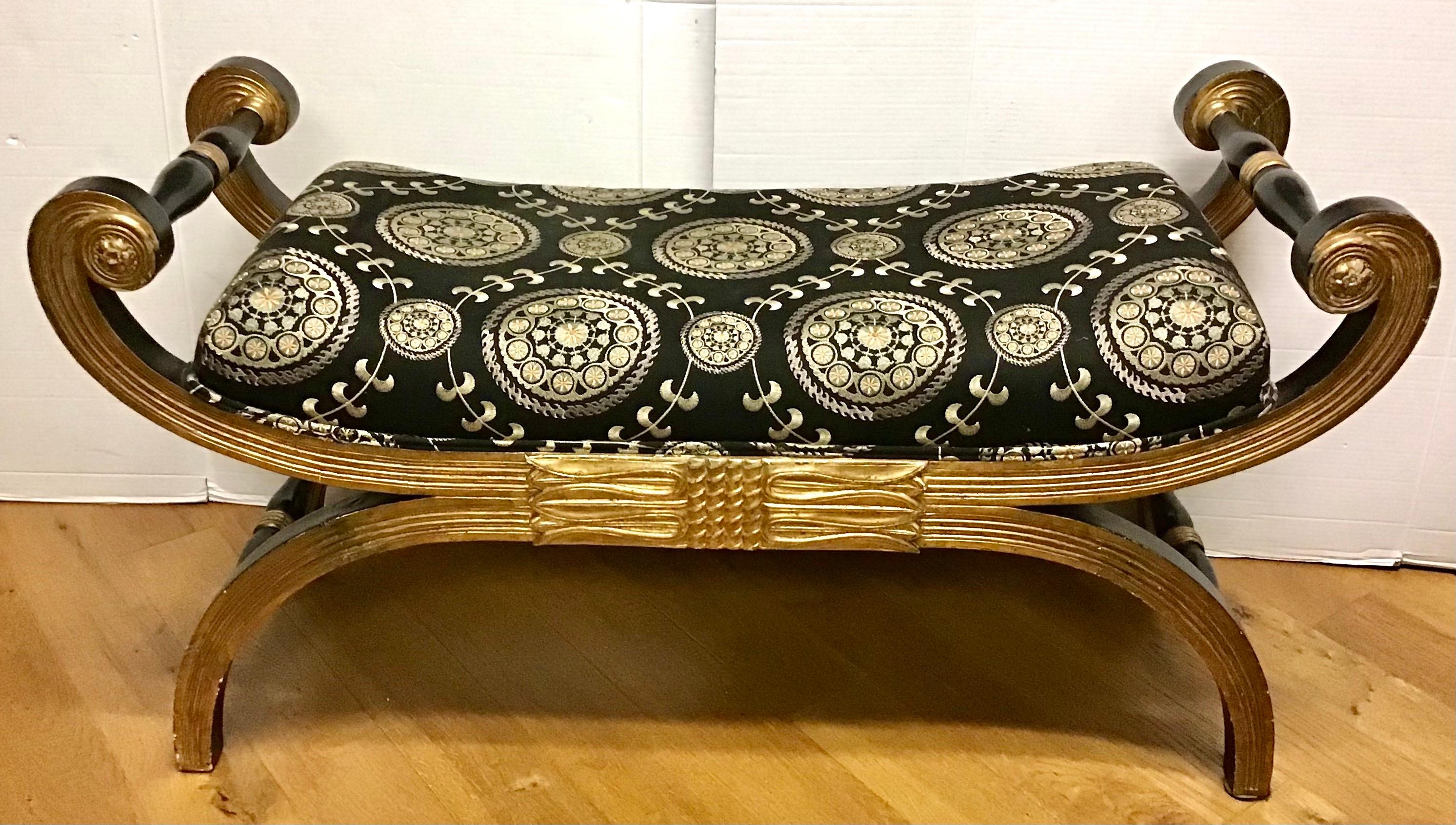 Carved Gold Giltwood Regency Style Scroll Arm Bench 2