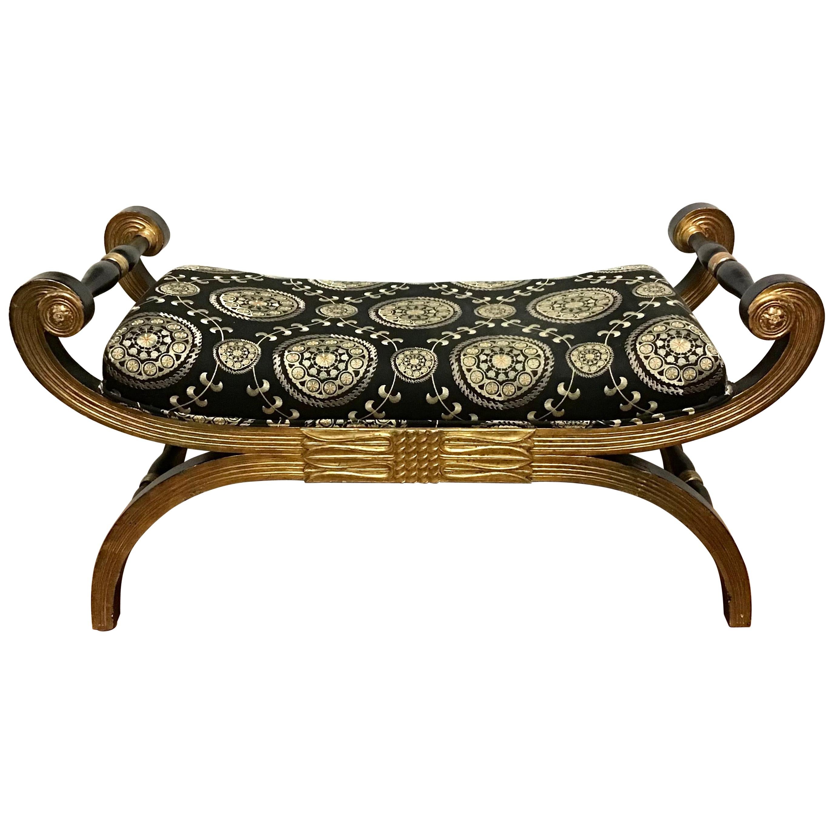 Carved Gold Giltwood Regency Style Scroll Arm Bench