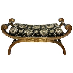 Vintage Carved Gold Giltwood Regency Style Scroll Arm Bench