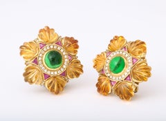 Pendientes de Oro Tallado Citrino Verde Turmalina Rubí Diamante