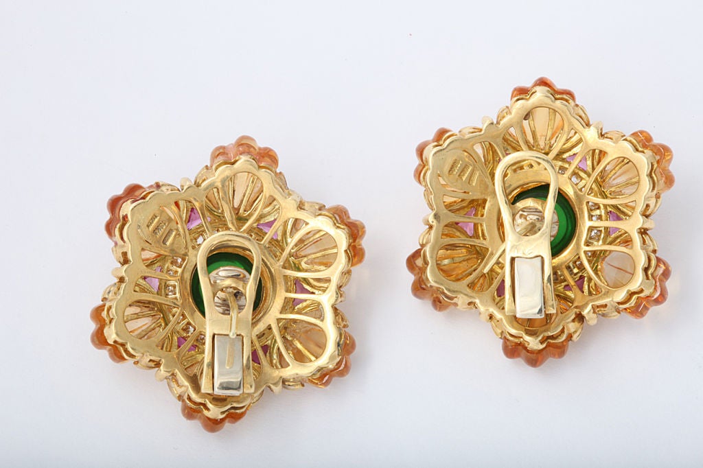 Mixed Cut Carved Golden Citrine Green Tourmaline Ruby Diamond Gold Ear Clips For Sale