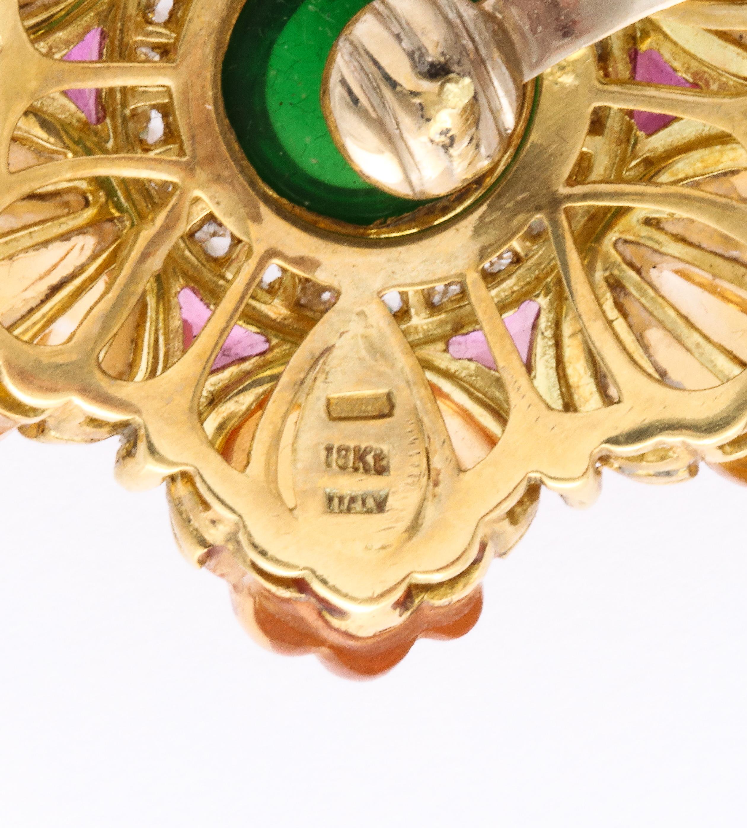 Ohrclips mit geschnitztem goldenem Citrin, grünem Turmalin, Rubin und Diamant in Gold im Zustand „Hervorragend“ im Angebot in New York, NY