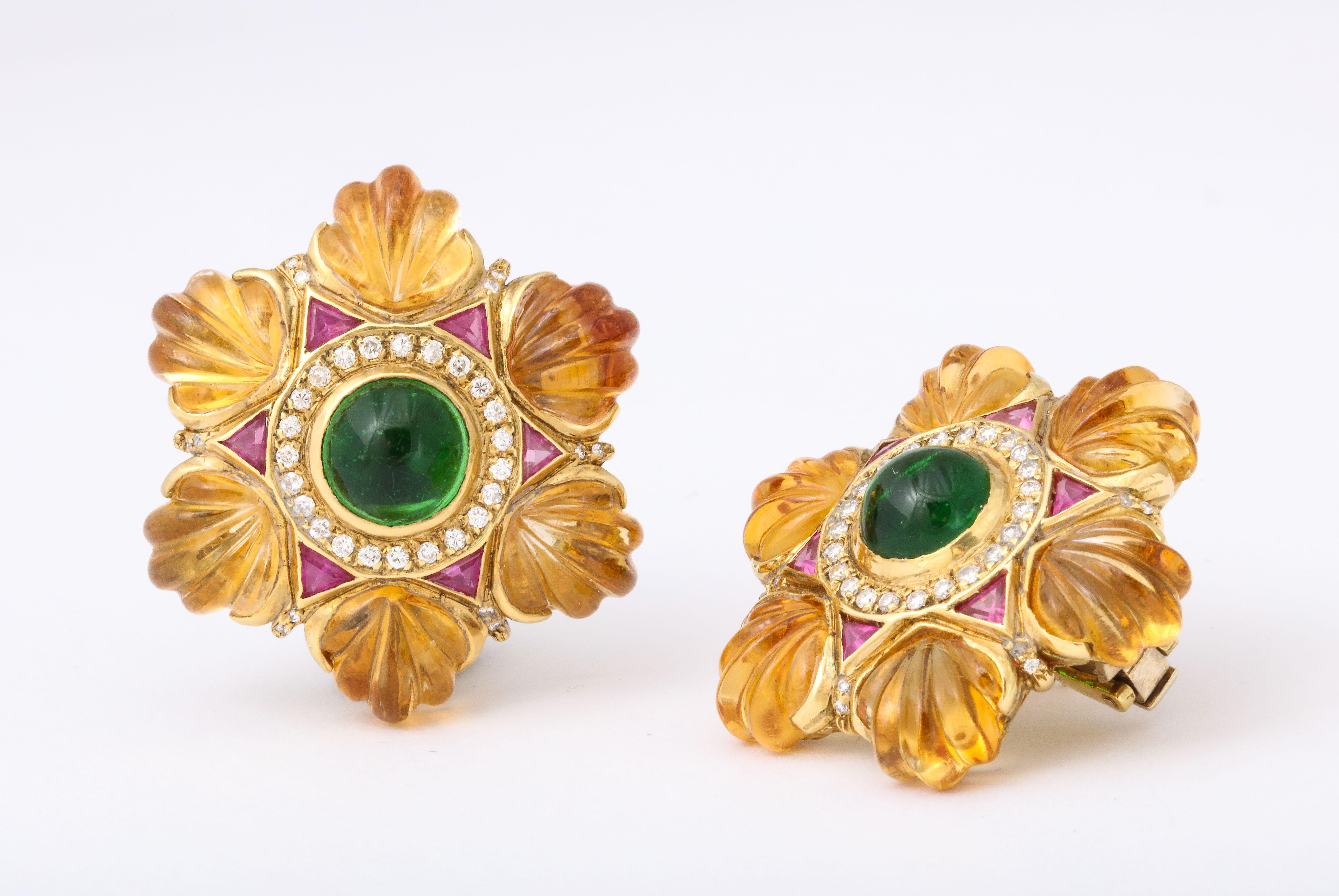 Carved Golden Citrine Green Tourmaline Ruby Diamond Gold Ear Clips For Sale 2