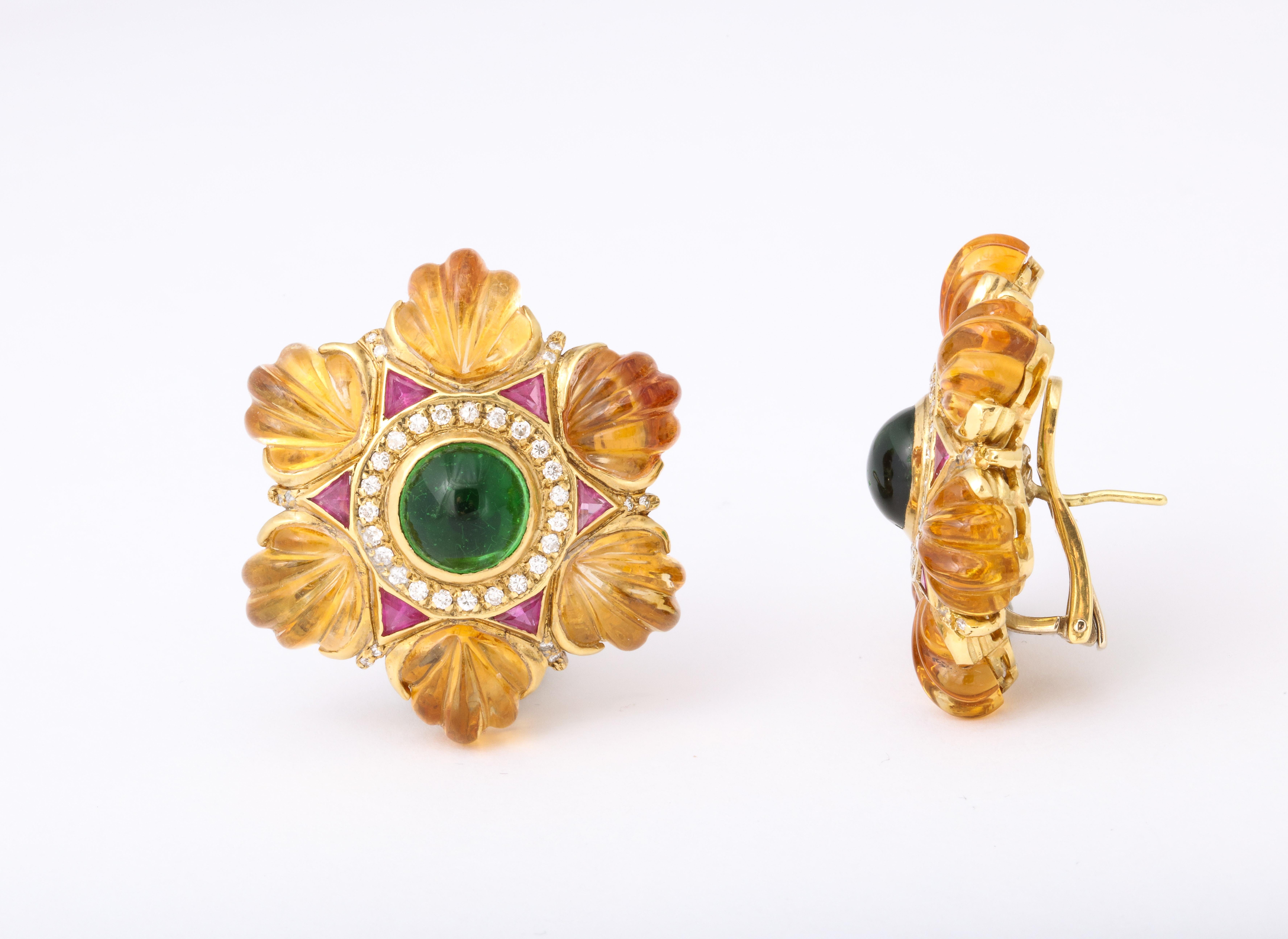 Carved Golden Citrine Green Tourmaline Ruby Diamond Gold Ear Clips For Sale 3