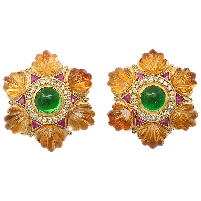 Carved Golden Citrine Green Tourmaline Ruby Diamond Gold Ear Clips
