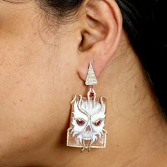 Carved Devil Face On Sardonyx Earrings With Ruby & Diamonds In 18k Yellow Gold
