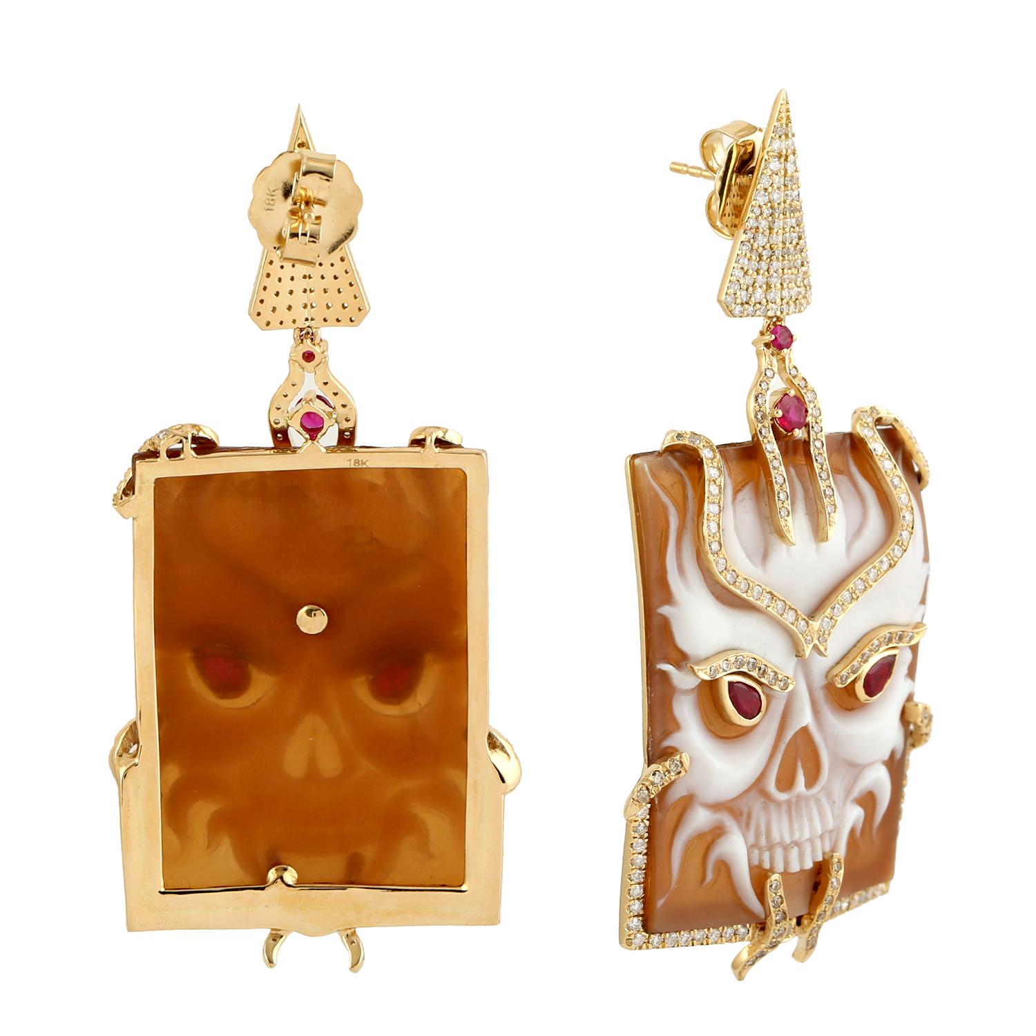 Contemporary Carved Devil Face On Sardonyx Earrings With Ruby & Diamonds In 18k Yellow Gold For Sale