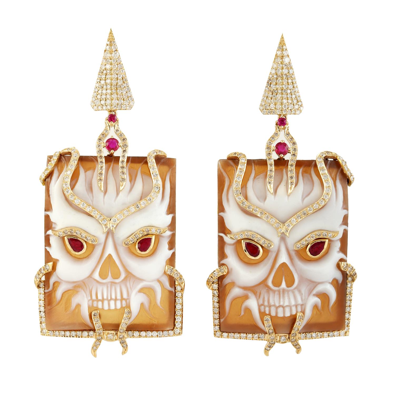Mixed Cut Carved Devil Face On Sardonyx Earrings With Ruby & Diamonds In 18k Yellow Gold For Sale