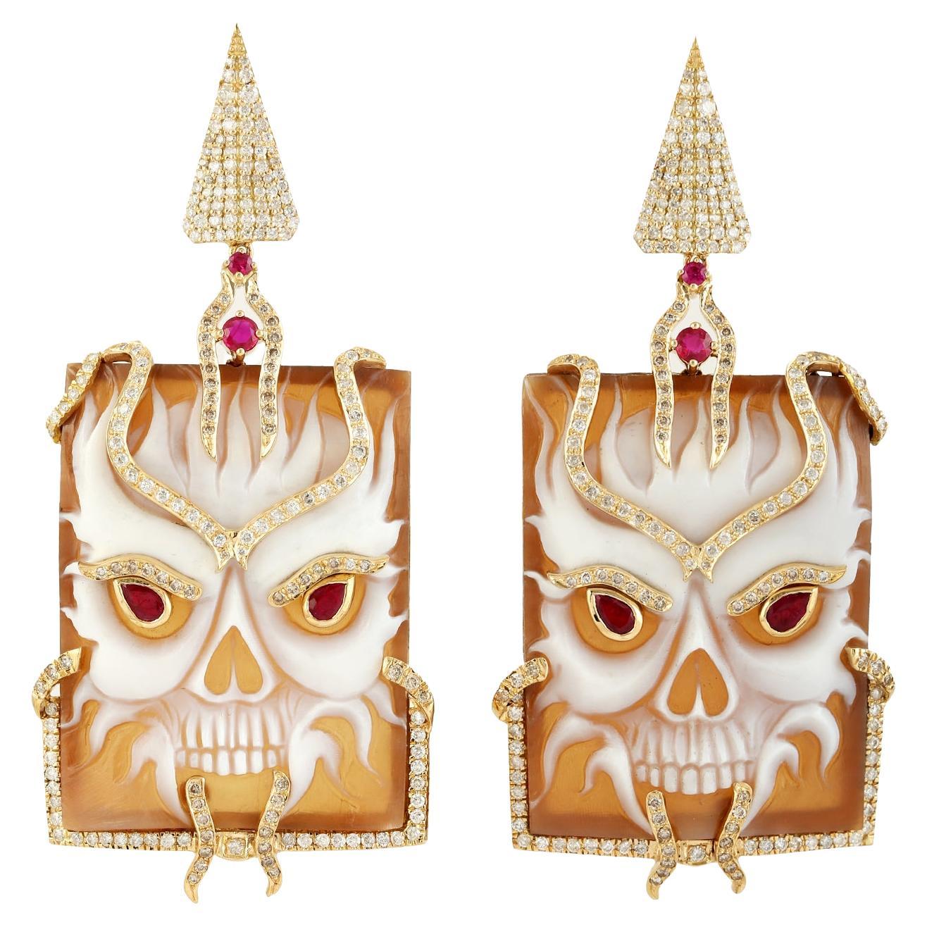 Carved Devil Face On Sardonyx Earrings With Ruby & Diamonds In 18k Yellow Gold