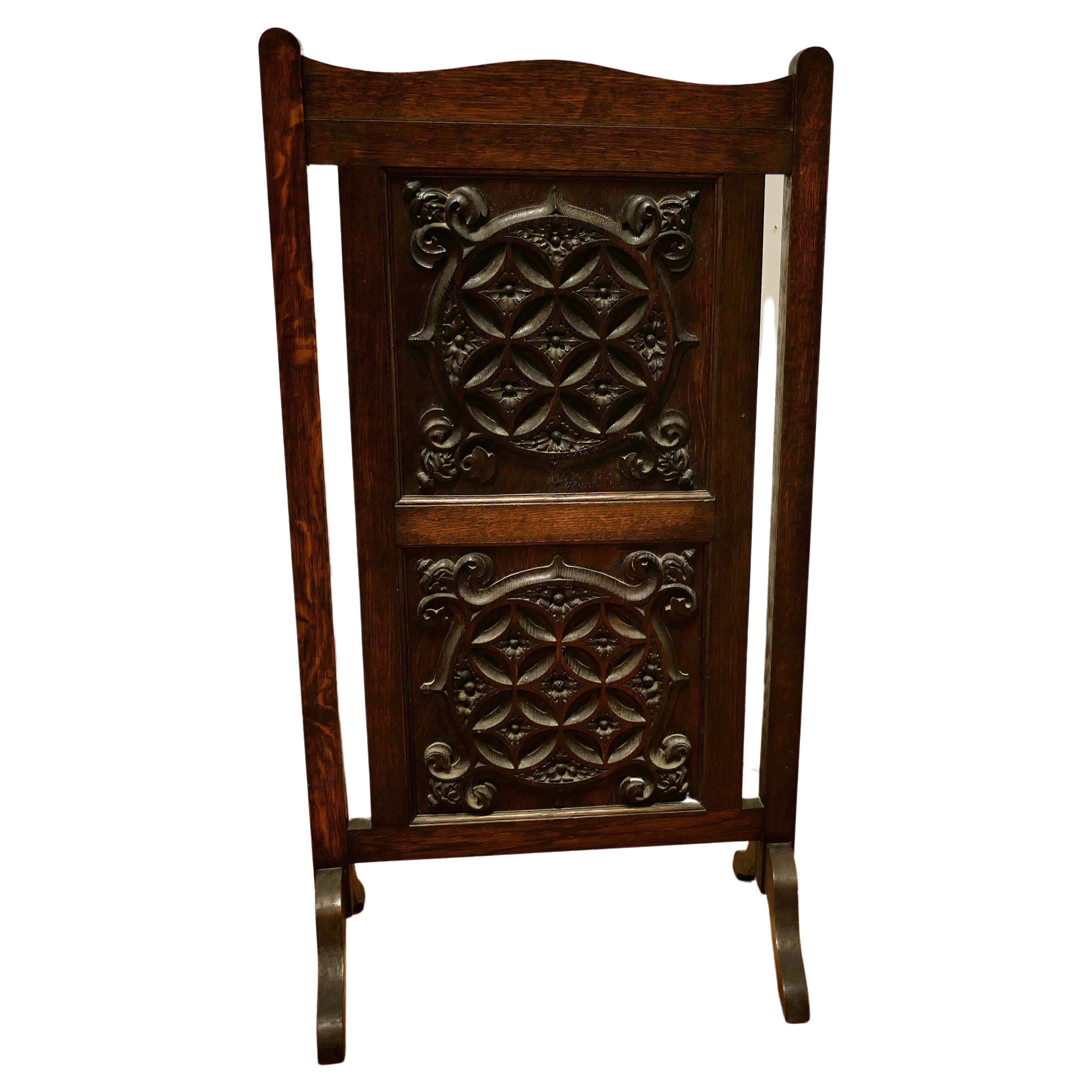 Carved Gothic Oak Panelled Fire Screen For Sale