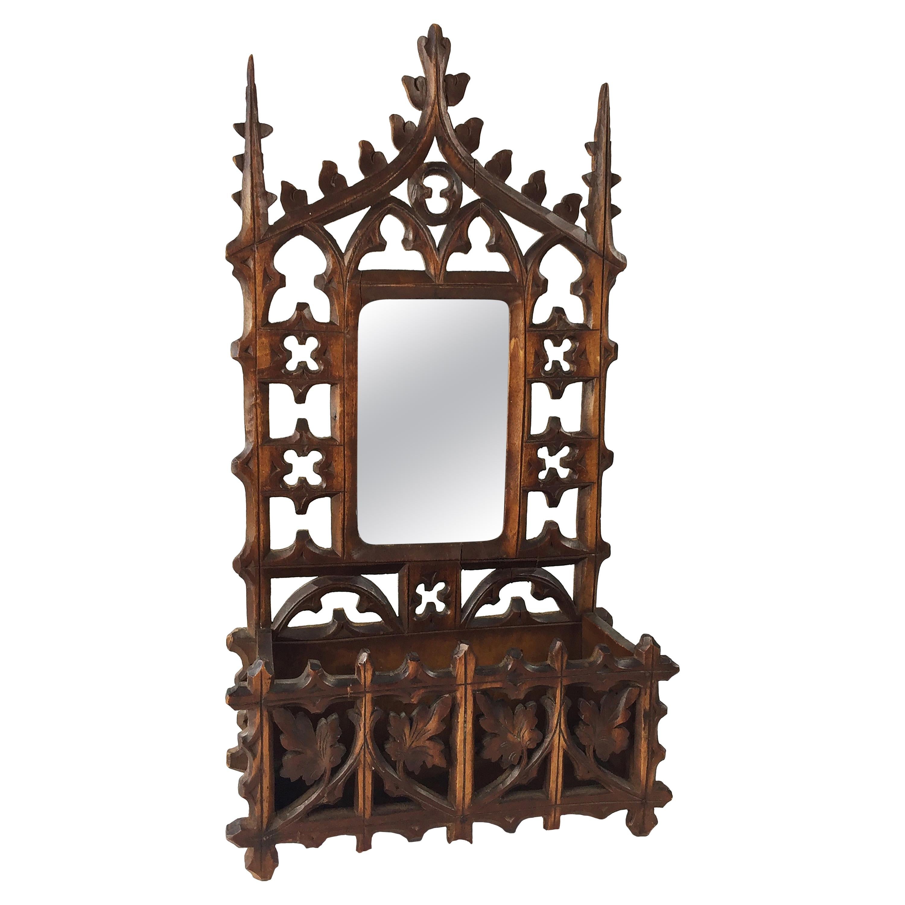 Carved Gothic Wooden Fretwork Letter Rack with Mirror. For Sale