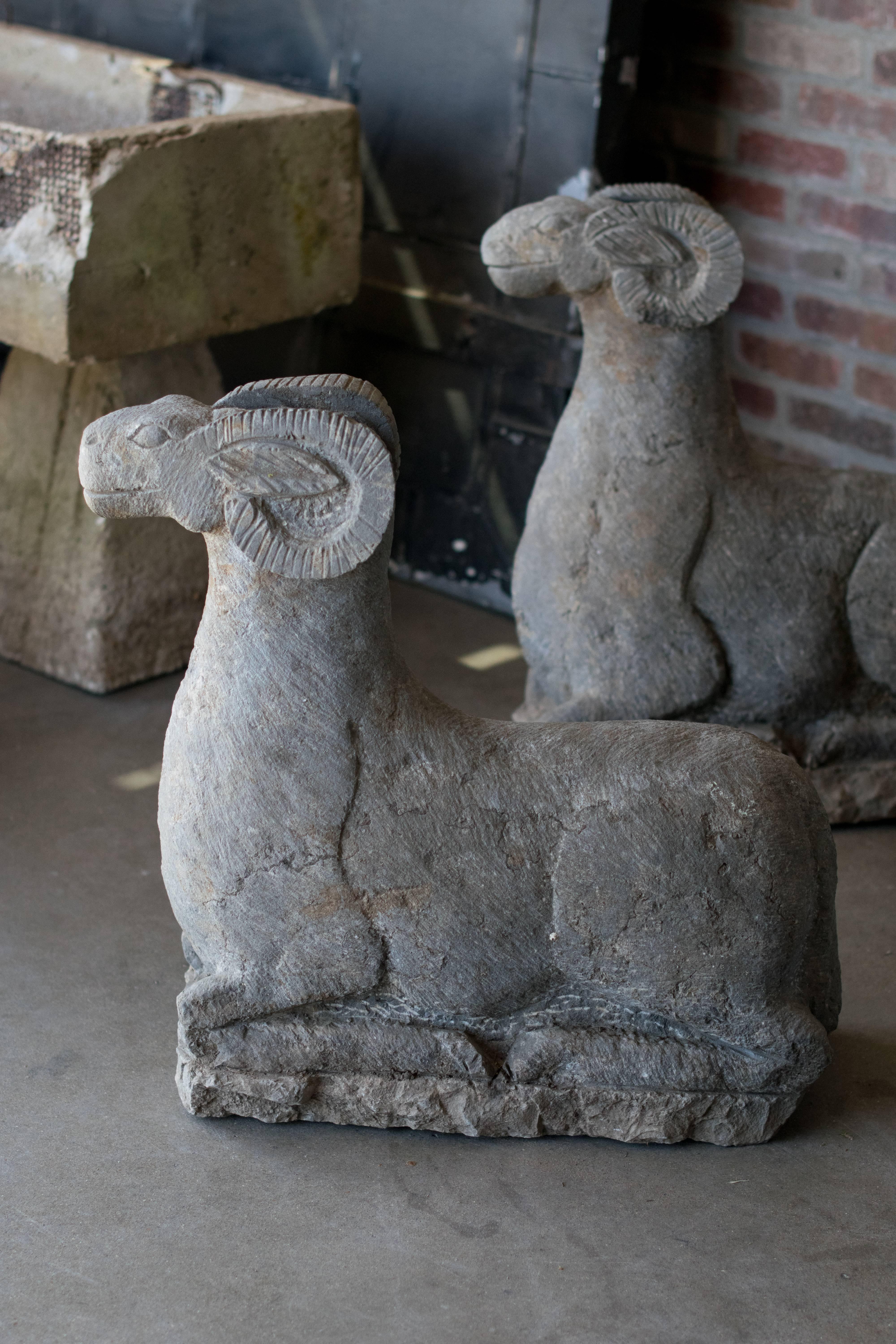 A handsome pair to flank a home or garden entrance. Rams are the long held symbol of determination, action, initiative, and leadership. As the first sign of the zodiac, Aries, the ram is also symbolic of impetuous fervor, renewal, virility and fiery