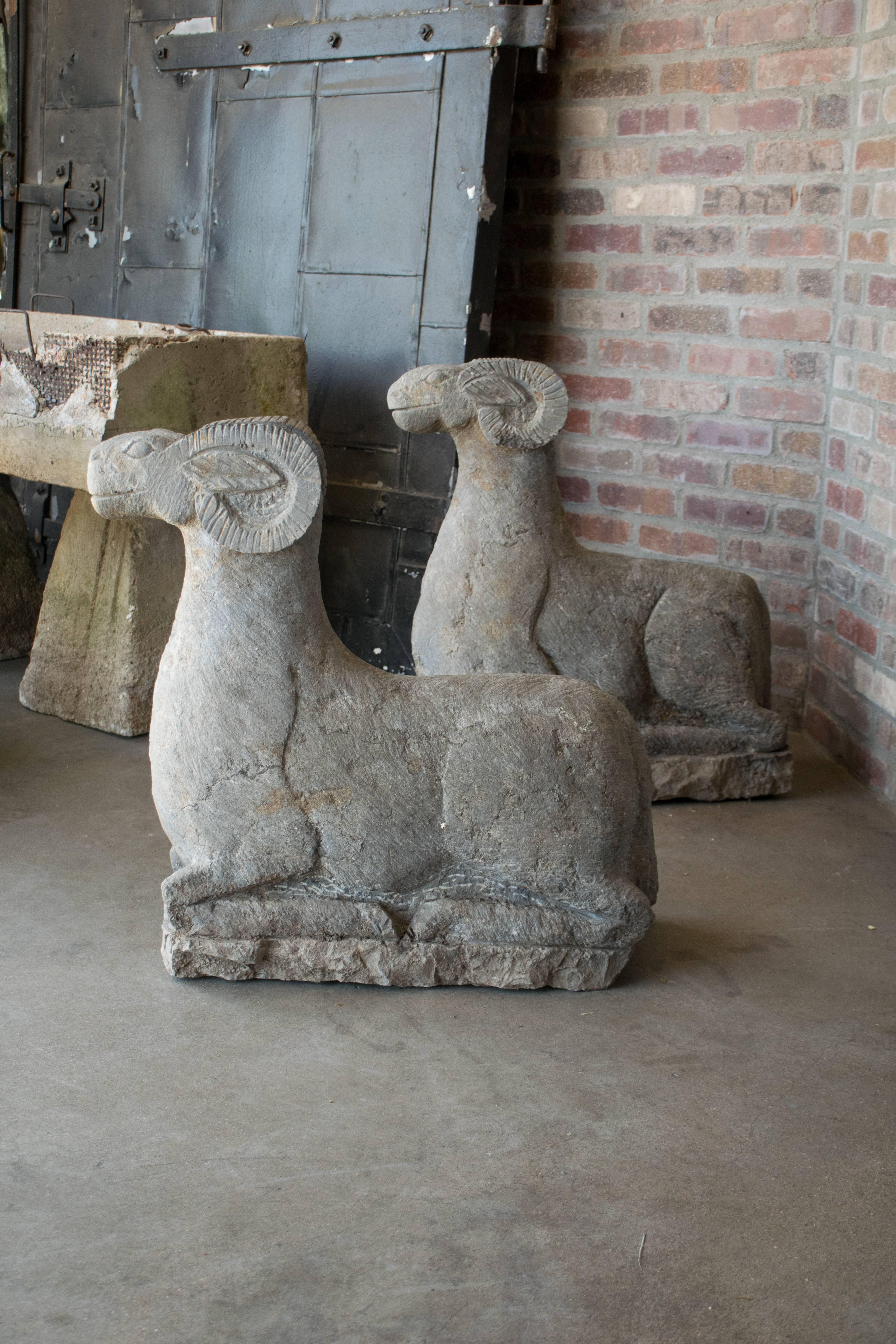Carved Granite Rams, Pair In Excellent Condition In Austin, TX