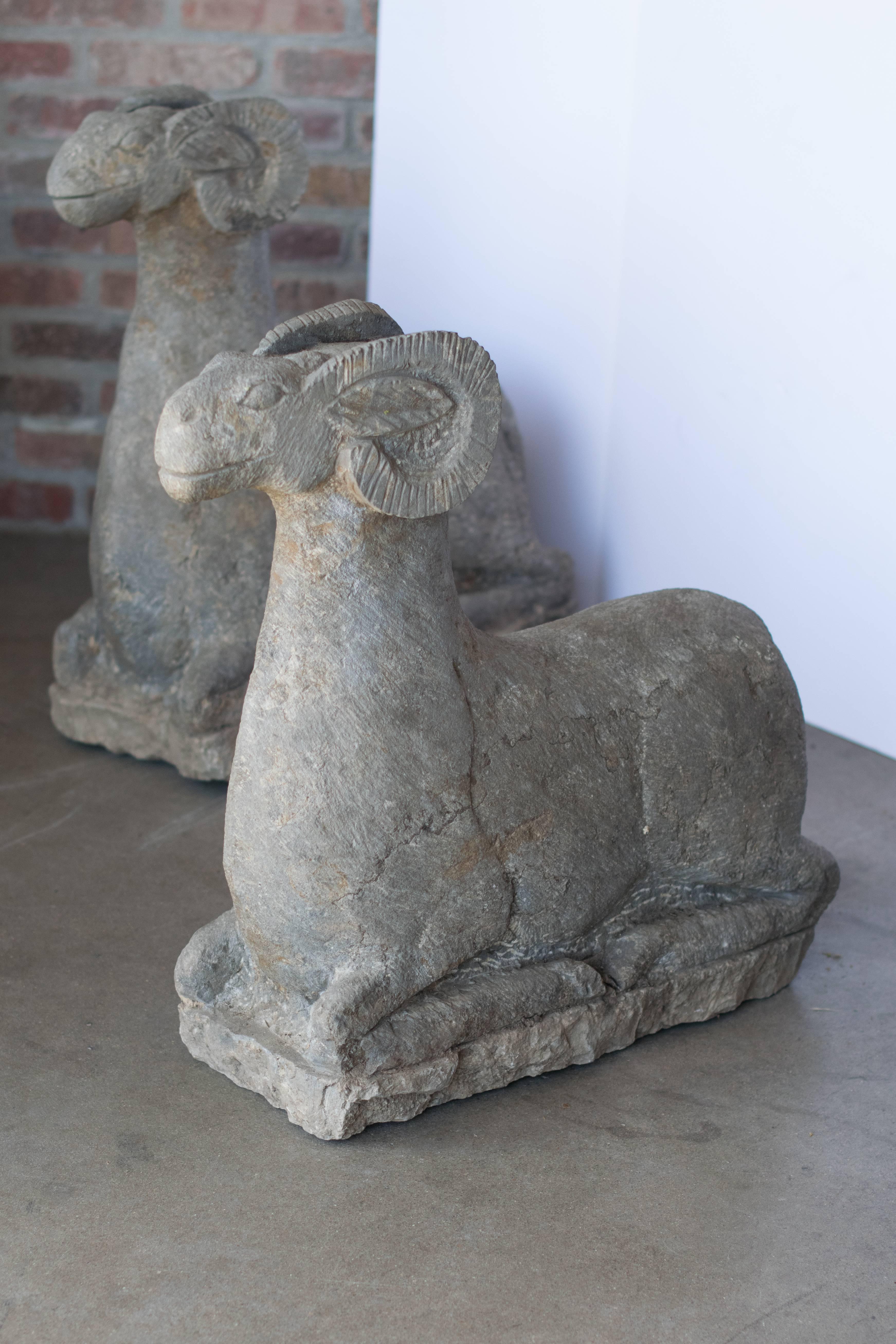 Carved Granite Rams, Pair 2