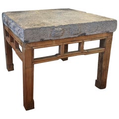 Antique Carved Granite Table on Elm Stand from China