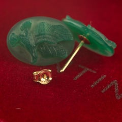 Carved Green Agate Oval Eagle Gold Plate Stud Animal Handmade Chic Earrings