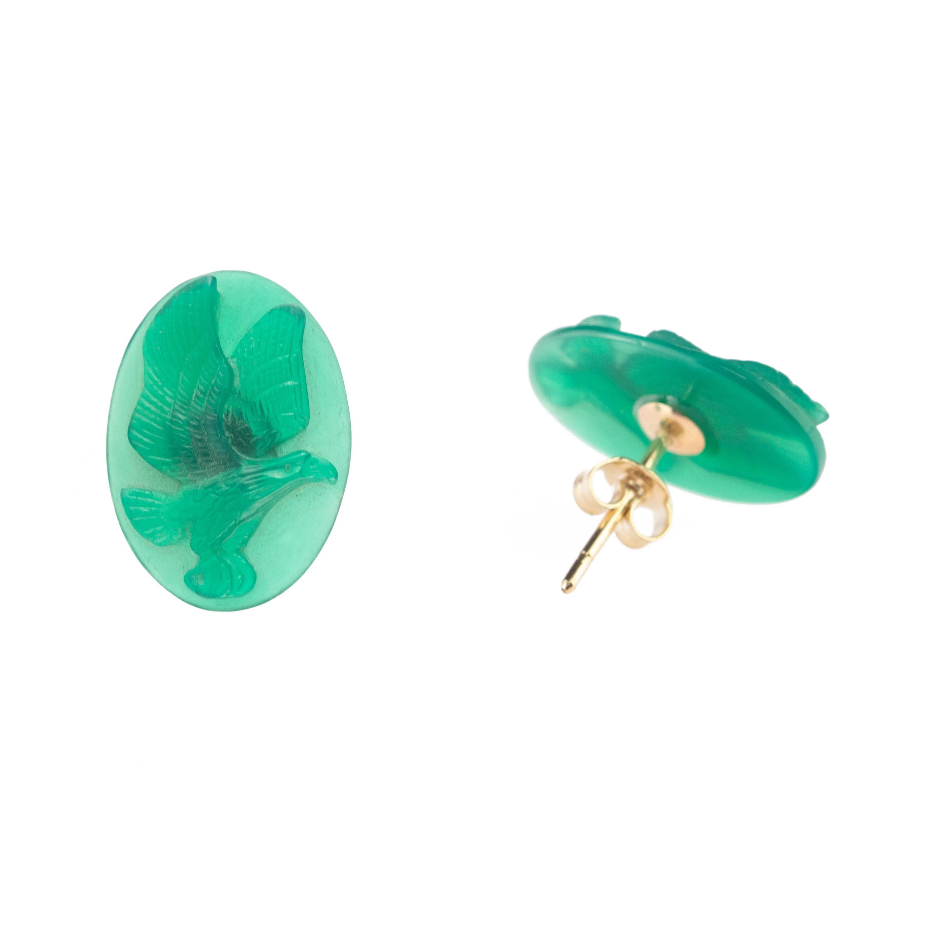Oval Cut Carved Green Agate Oval Eagle Gold Plate Stud Animal Handmade Chic Earrings For Sale