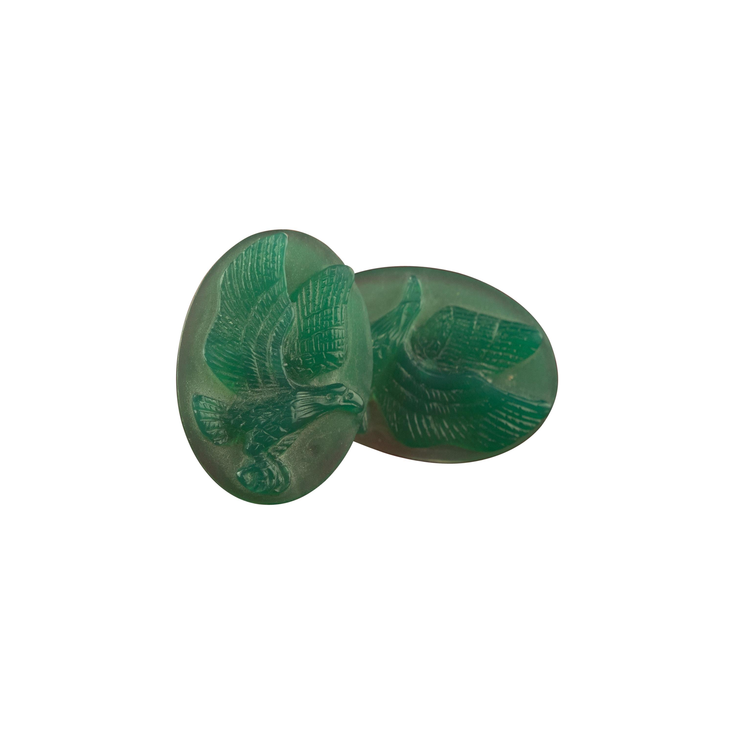 Carved Green Agate Oval Eagle Gold Plate Stud Animal Handmade Chic Earrings For Sale