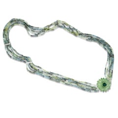 Carved Green Amethyst Flower Aquamarine Beaded Strands 14K White Gold Necklace
