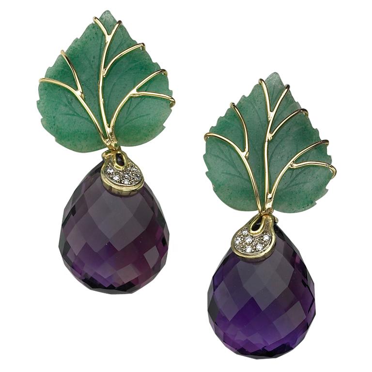 Uncut Sorab & Roshi Carved Green Aventurine Leaf Earrings with Amethyst Drops  For Sale
