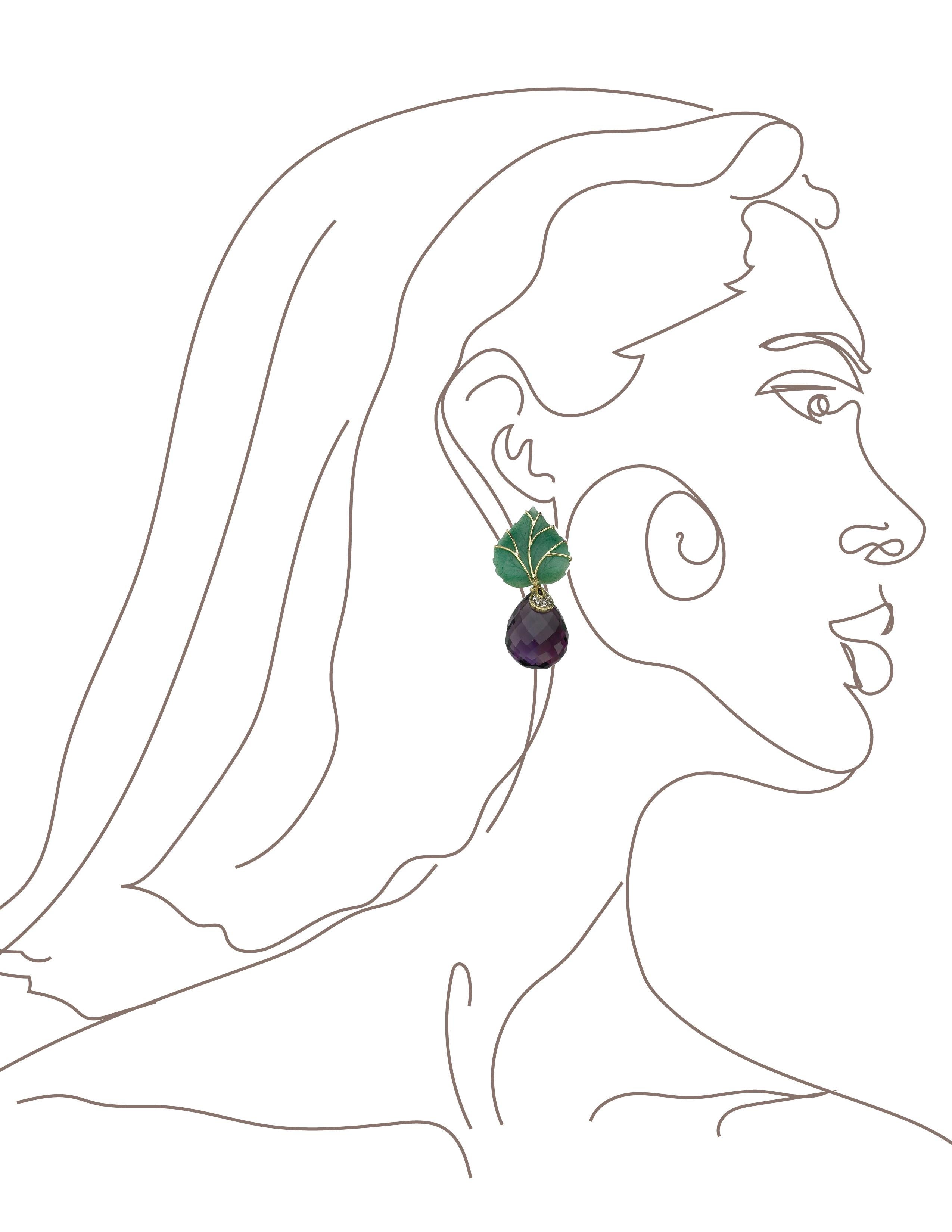 Modern Sorab & Roshi Carved Green Aventurine Leaf Earrings with Amethyst Drops  For Sale