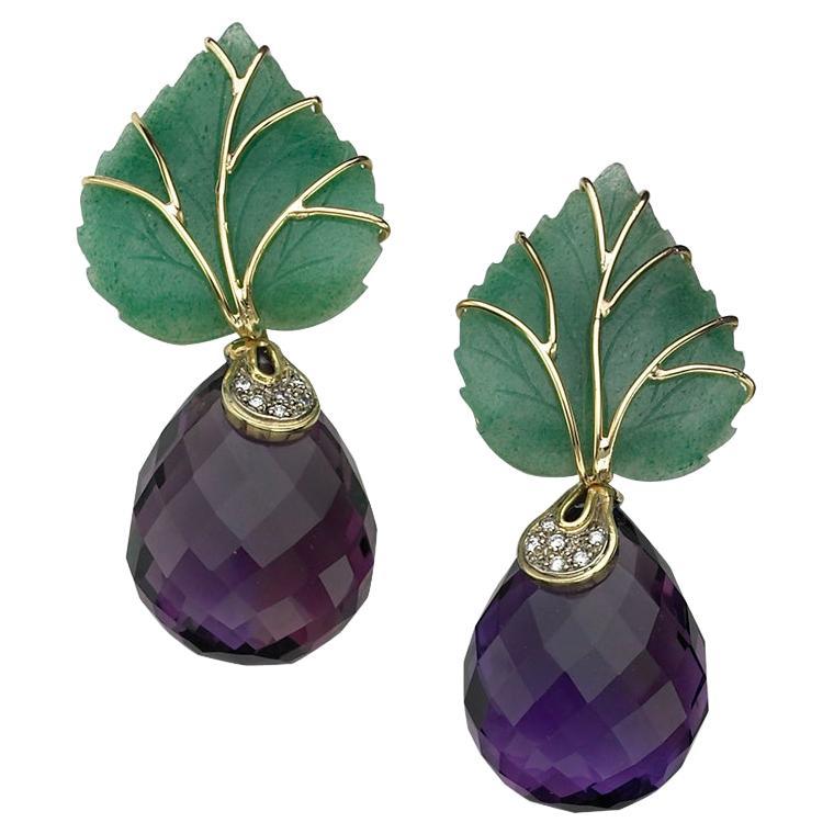 Sorab & Roshi Carved Green Aventurine Leaf Earrings with Amethyst Drops  For Sale