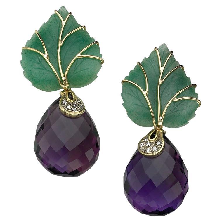 Sorab & Roshi Boucles d'oreilles en feuilles d'aventurine vertes sculptées avec gouttes d'améthyste 