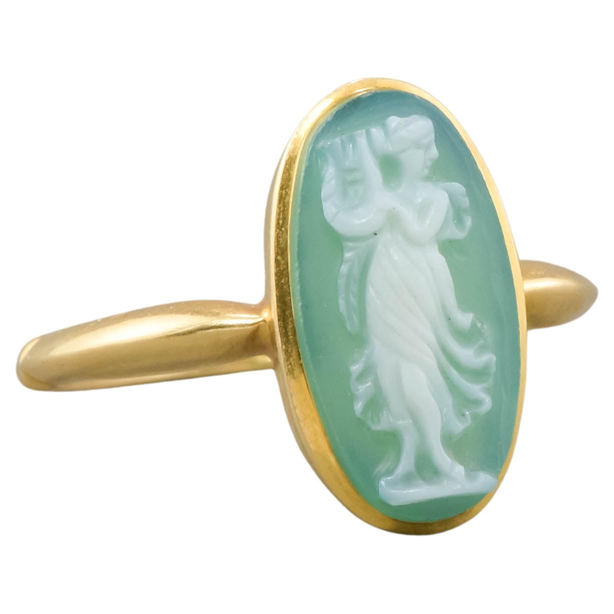Carved Green Chalcedony Cameo Ring in 18K Gold, Hallmarked Chester 1909