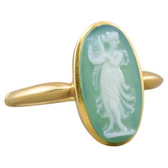 Carved Green Chalcedony Cameo Ring in 18K Gold, Hallmarked Chester 1909
