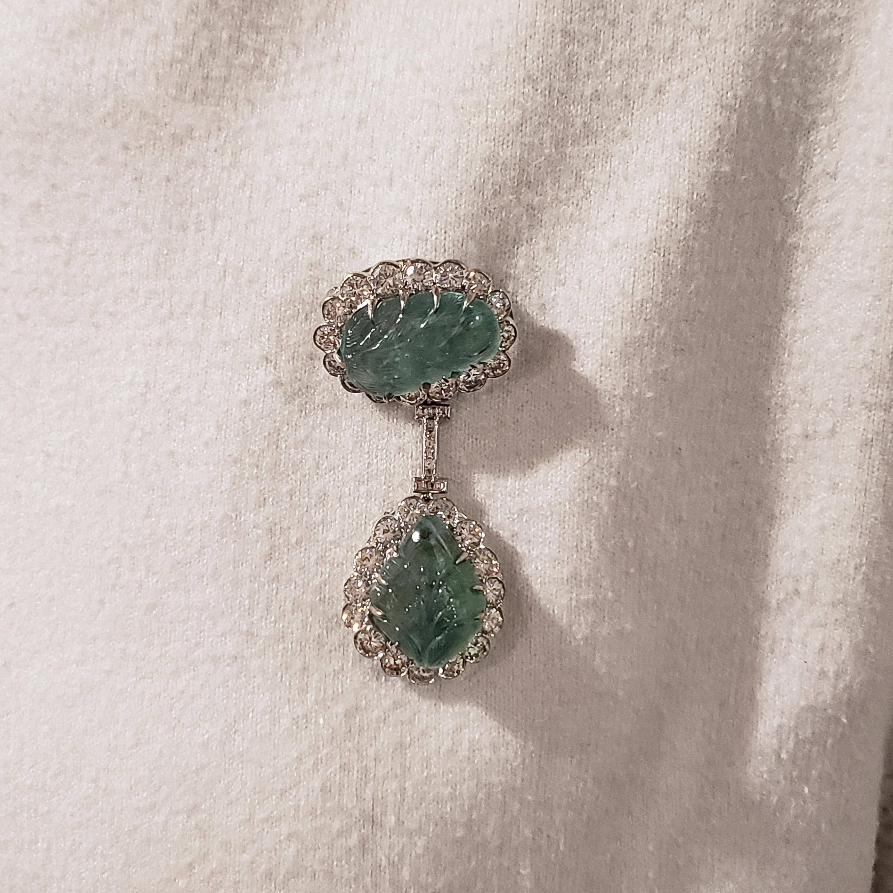 Women's Carved Green Emerald and Diamond Dangle Brooch For Sale