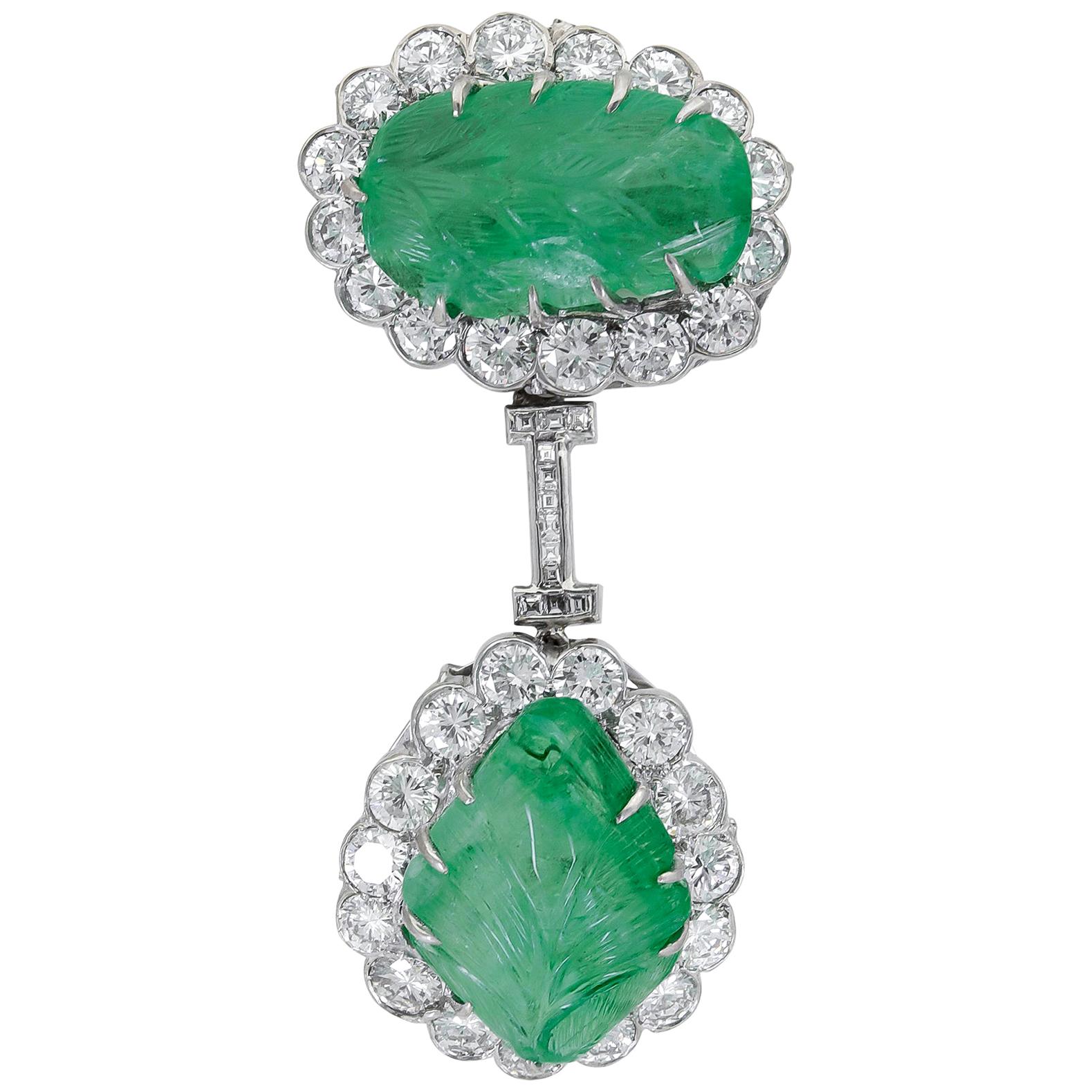 Carved Green Emerald and Diamond Dangle Brooch For Sale