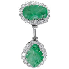 Retro Carved Green Emerald and Diamond Dangle Brooch