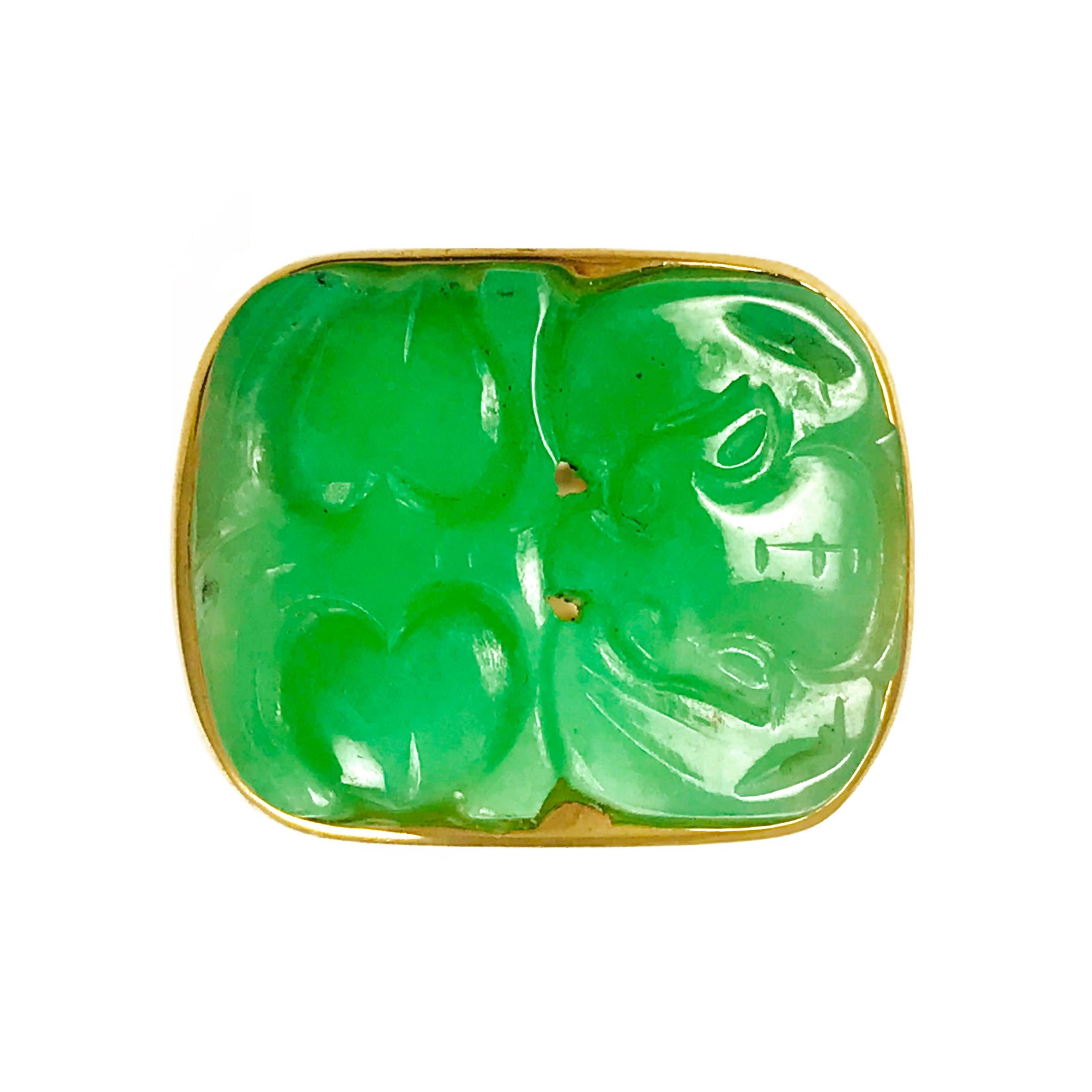 Retro Carved Green Jade 14 Karat Gold Wide Band Ring