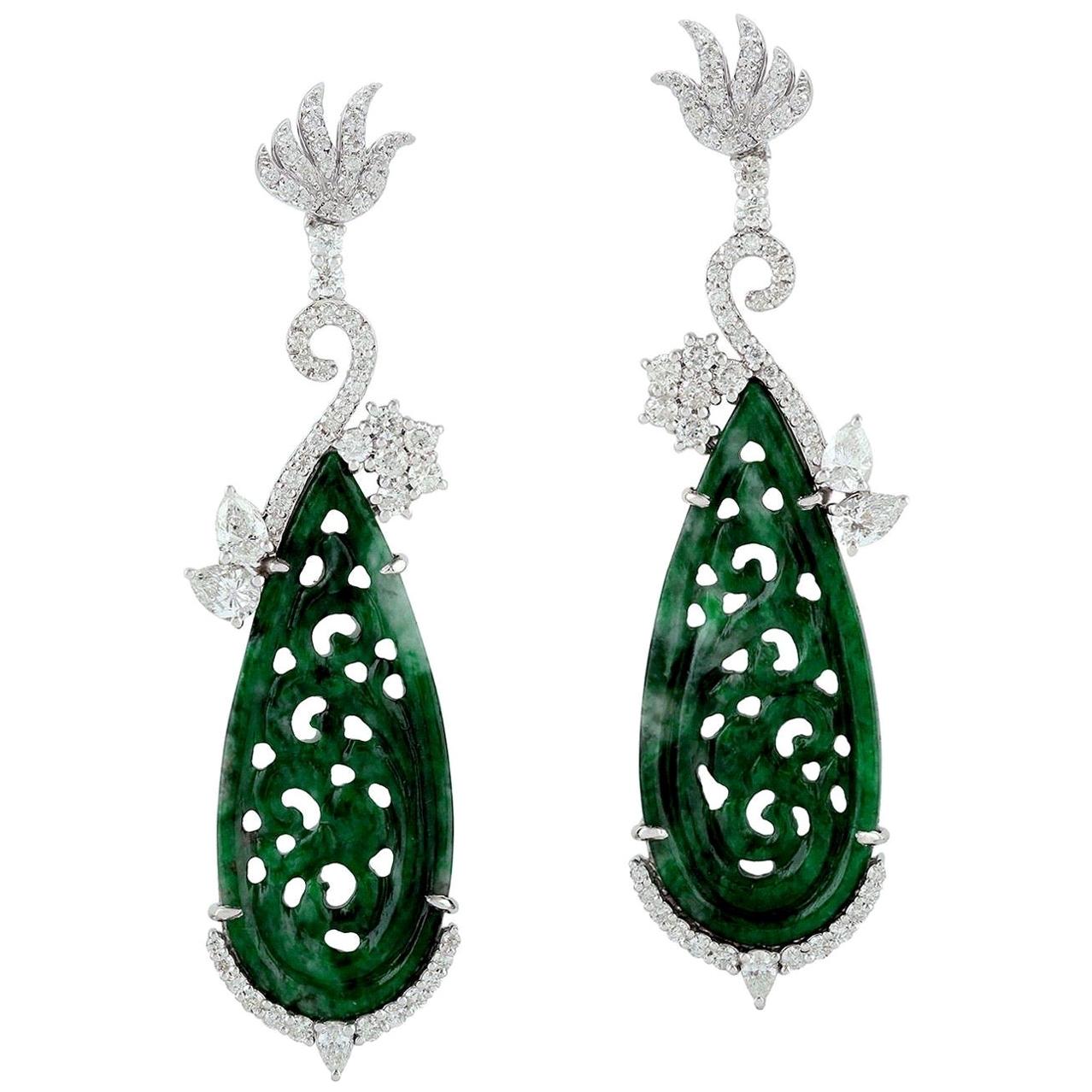 18.5 carats Carved Jade 18 Karat Gold Diamond Earrings For Sale